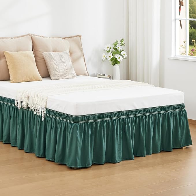 RIMELA Emerald Green Bed Skirt Queen Size 15 Inch Drop, Wrap Around Elastic Bedskirt, Dust Ruffle for Adjustable Bed Base Machine Washable Easy to Install Bed Skirts