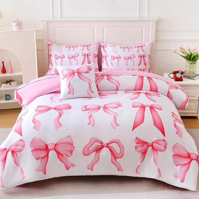 6 Pieces Twin Comforter Sets with Sheets Pink Bed in a Bag for Girls,Bow Comforter Set,Bow Twin Bedding Sets for Kids