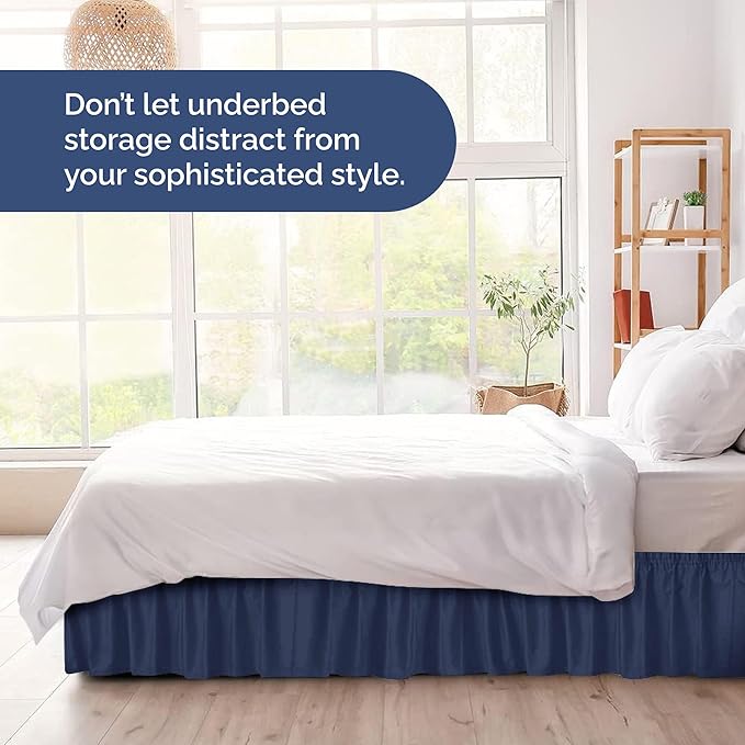 Wrap Around Dust Ruffle Bed Skirt - Navy Blue - for Full Size Beds with 15 Inch Drop - Elastic Strap - Adjustable Pleated Bedskirt with Brushed Fabric and Wrinkle Free - for Women, Men, Kids & Teens