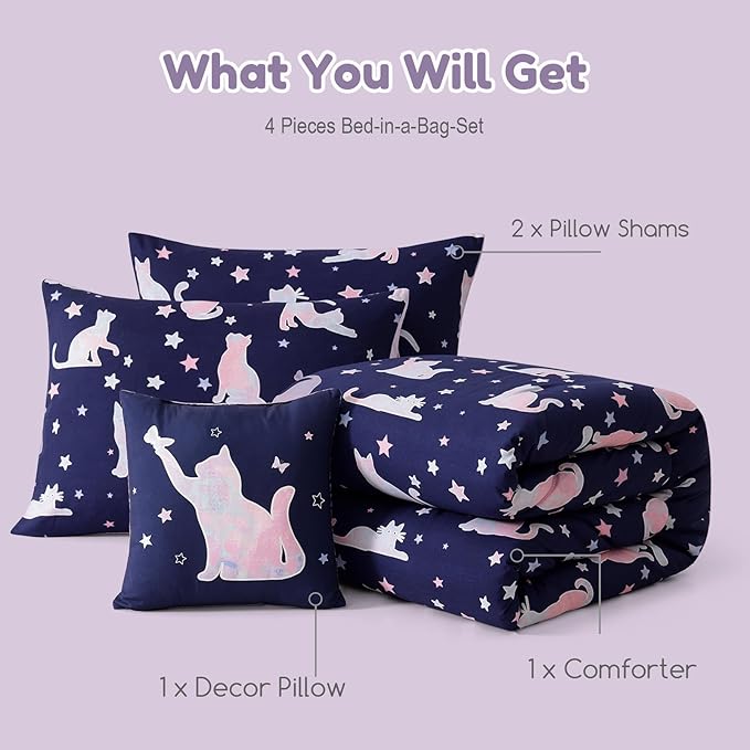Full Size Comforter Set for Girls-4 Pieces Cute Cat Full Bedding Sets for Kids, 1 Comforter, 2 Shams and 1 Decor Pillow