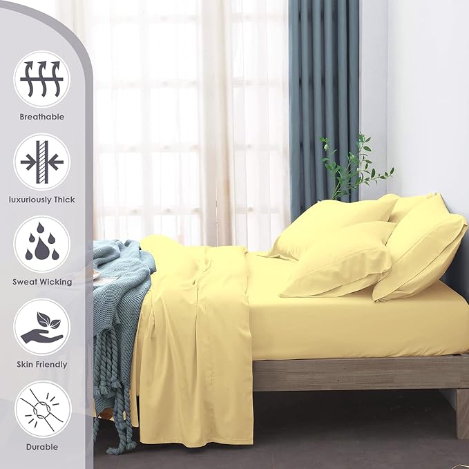 Pizuna Pure 100% Cotton Sheets 6pc Queen Size, 800 Thread Count Long Staple Cotton Crisp Sateen Sheets 6pc Queen with 15" Deep Pocket (Combed Mellow Yellow Cotton Sheets 6pc Queen)
