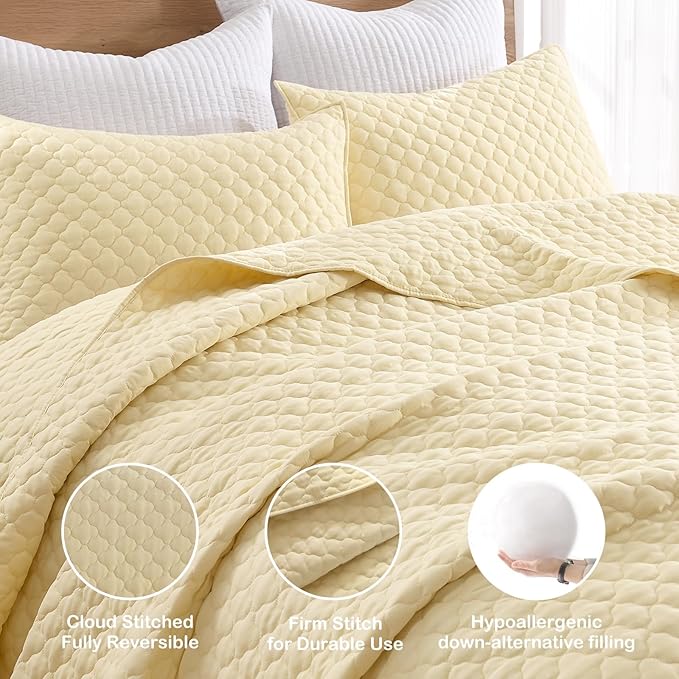 HORIMOTE HOME Quilt Queen Size Light Yellow, Lightweight Quilt for Summer Ultra-Soft Microfiber Modern Style Quilted Clouds Pattern Bedspread Quit Set 3 Pieces(1 Quilt and 2 Pillow Shams)