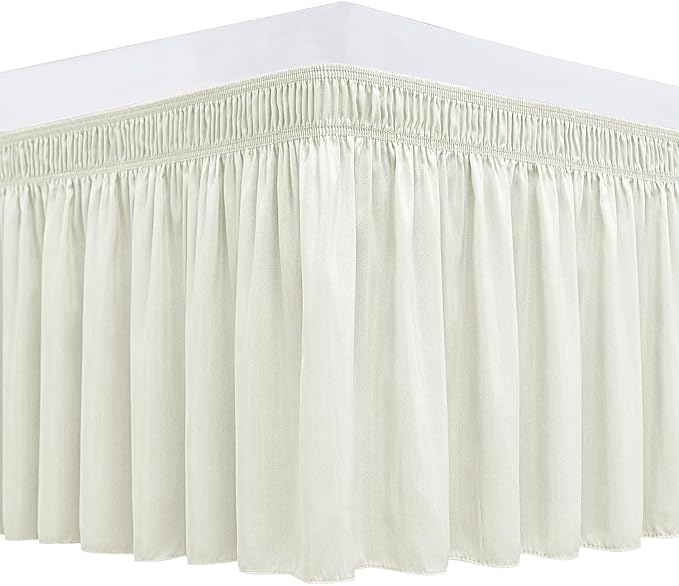 Biscaynebay Wrap Around Bed Skirts for Queen Beds with Short Drop of 12", Ivory Adjustable Elastic Dust Ruffles Easy Fit Wrinkle Resistant Silky Luxurious Fabric Machine Washable
