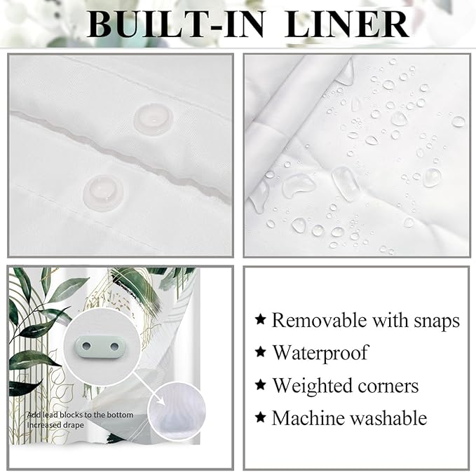 Boho Shower Curtain No Hooks with Snap in Fabric Liner Set,Modern Boho Shower Curtains Hotel Bathroom Decor,with See Through Top Window,Green Botanical Sage Fabric Waterproof Shower Curtain,71W x 74H