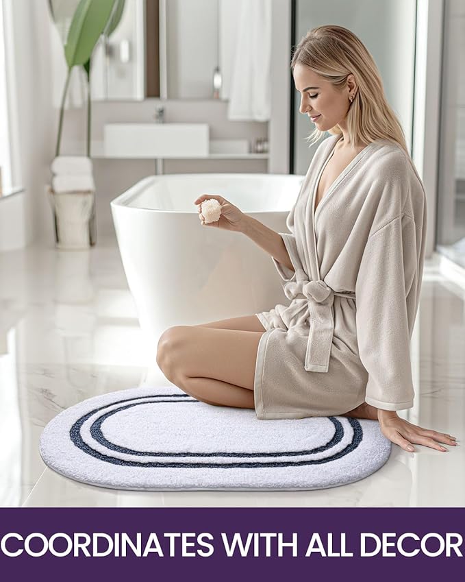 DEXI Oval Bath Mats for Bathroom, 24x36 Absorbent Bath Mat, Washable Microfiber Bathroom Rug with Non Slip Backing for Shower Floor, Navy