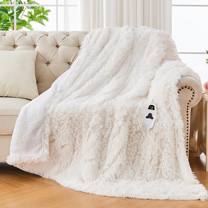 Heated Electric Blanket Twin–Faux Fur with Soft Thick Sherpa,Warm Winter Birthday Gifts for Women Grandma,10 Heat Settings,5 Time Settings with Fast Heating, 62x84, Snow Cloud