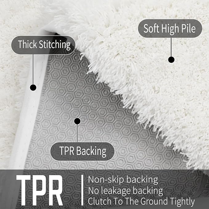 Yimobra Fluffy Plush Bath Rug, Super Shaggy Soft Comfortable Non Slip, Water Absorbent Microfiber Bath Mat, Dries Quickly, Machine Washable Thick Bathroom Rugs for Shower, 70"x 24", Off White