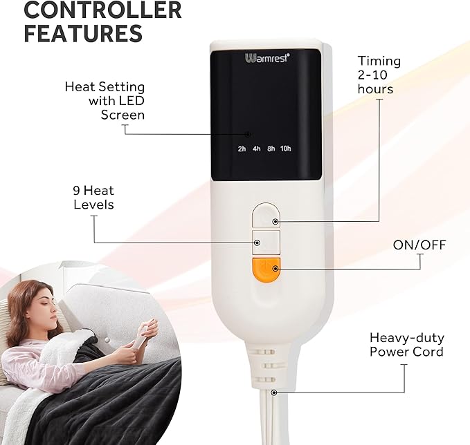 Heated Blanket Electric Blanket Queen Size Soft Flannel Sherpa, 6 Heat Levels Fast Heating, 2 to 10 Hours Auto-Off Detachable Controller Machine Washable, Grey 84"x90"