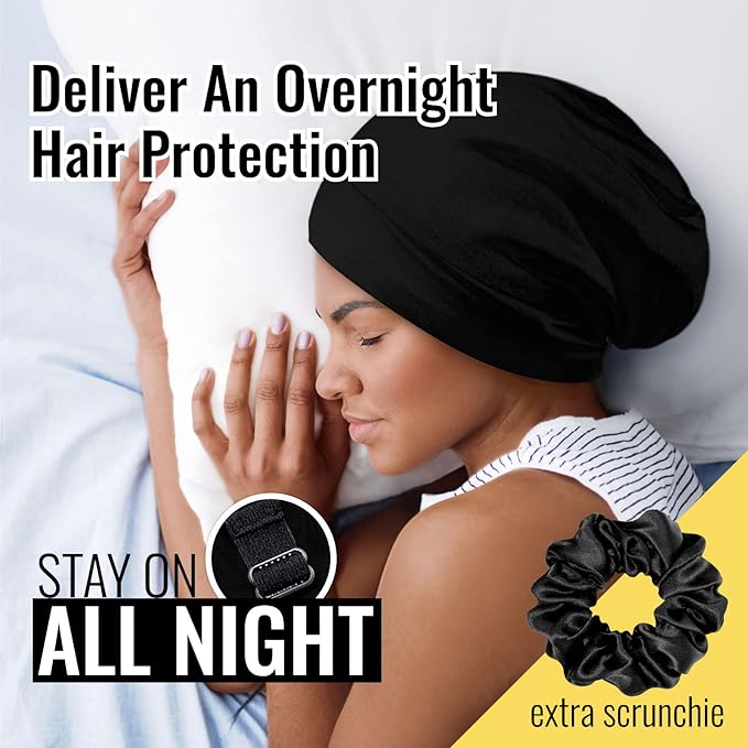 Satin Lined Sleep Cap and Scrunchie for Curly Hair and Braids, Stay On All Night Hair Wrap with Adjustable Strap for Women and Men, Black