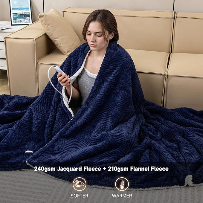 Heated Blanket Queen Size - 84"x90" Cozy Soft Jacquard Heating Blanket with 4 Heat Levels & 10 Hours Auto-Off, Jacquard Fleece, Overheating Protection, Warm Gifts, Navy