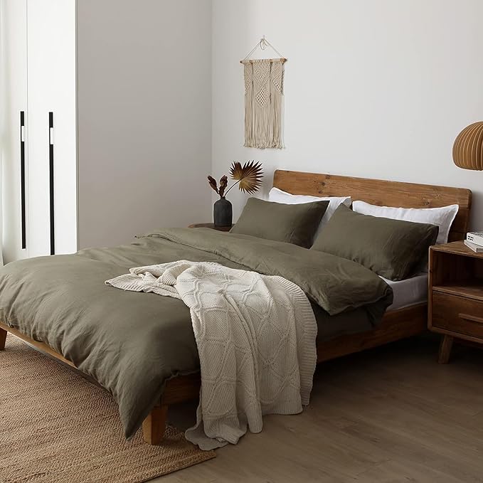 XZ XIFA Olive Green Linen Duvet Cover Oversized King, 100% Washed French Flax Linen Bedding Set with Zipper Closure, Cooling & Textured Bed Sets for Hot Sleepers(1 Duvet Cover, 2 Pillowcases)