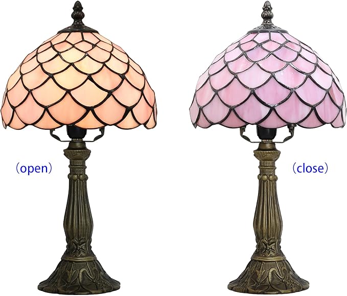 Tiffany Table Lamp for Bedroom Bedside Nightstand Table Lamps for Living Room 3 Way Color Temperatures Stained Glass Table Lamp 8X8X15 Inch Home Office Reading Desk Lamp (Pink Fish Scales)