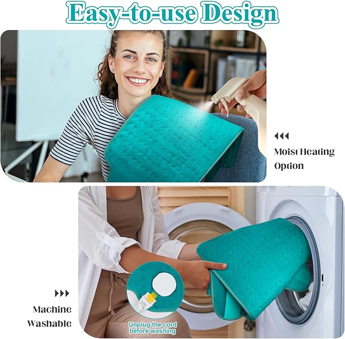 Heating Pad for Back, Heating Pad for Period Cramps/Waist/Shoulders with Belt, Christmas Gifts for Women Men Mom Dad, 6 Heat Settings, 4 Timers, Auto-Off, Machine Washable, Blue Green