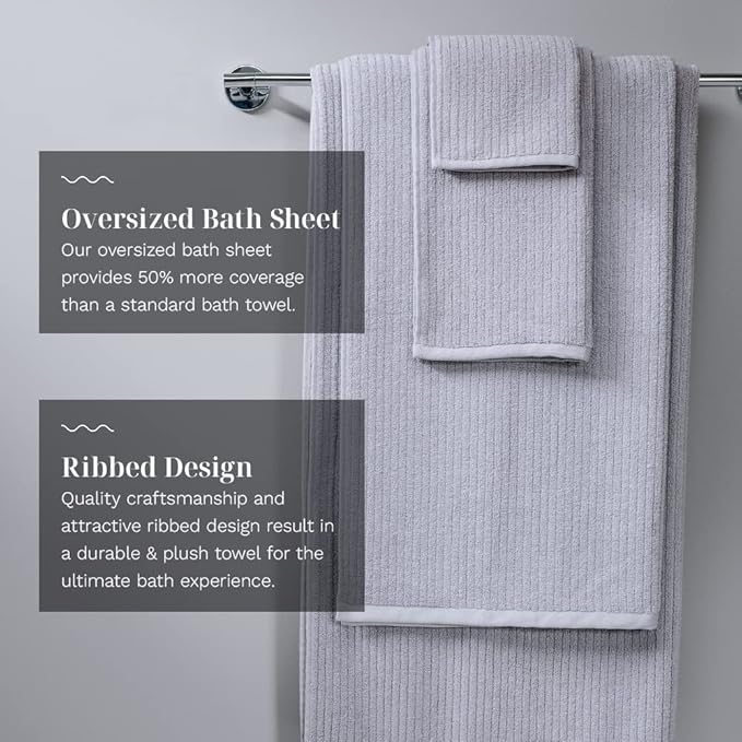 LUXOME Luxury Performance 4-Piece Hand Towel Set | Patented Quick-Dry Tech | Ultra Soft | 16" W x 30" L | Pebble (Light Grey)