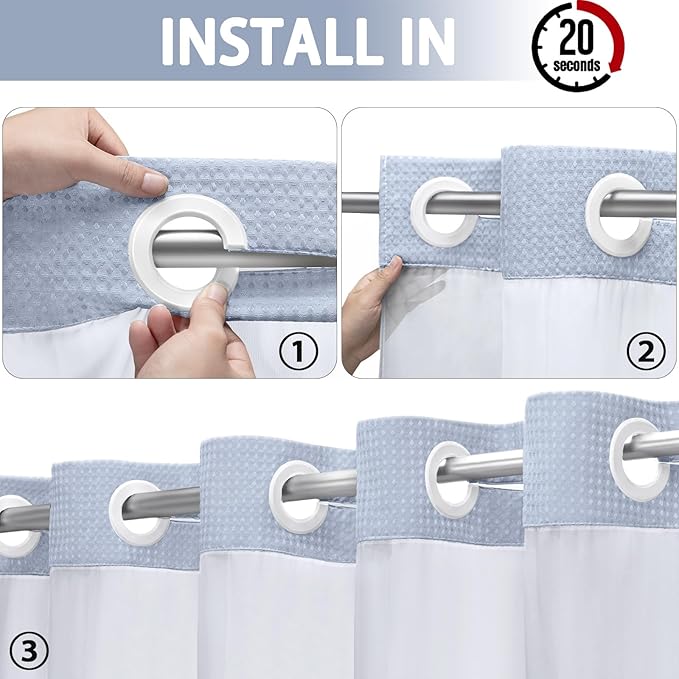 YellyHommy No Hook Shower Curtain with Snap in Liner Set Less Time Waffle Shower Curtain for Bathroom 75" L x 72" W Mist Blue