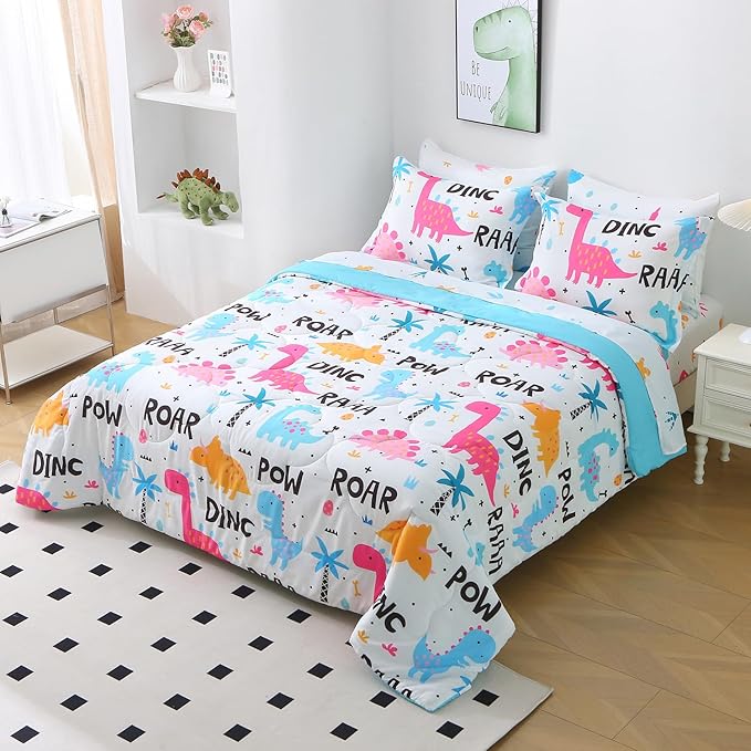 Wajade 7 Piece Kid Girls Dinosaur Comforter Set Full Size 3D Pink Dinosaur Wild Park Jungle Print Bedding Set with Comforter, Sheet Set, Pillowcase and Sham