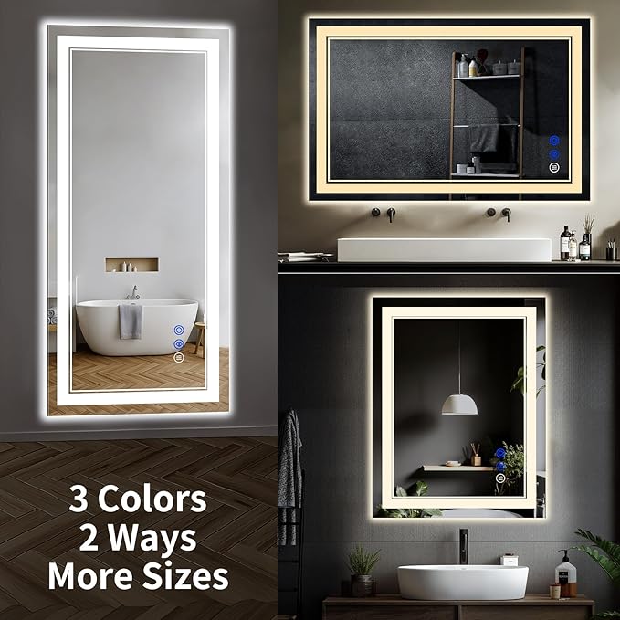 36"x28" LED Bathroom Mirror with Anti-Fog, Stepless Dimmable Lights, 3 Color Modes, Shatter-Proof Tempered Glass, Memory Function & Waterproof Design