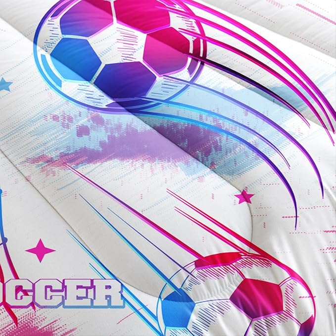 Ball Games Bedding Football Full Comforter Set,Pink and Blue Soccers Stars Bedding Set for Kids Girls Boys Room Decor,Sports on The Court Aesthetic Bedding Sets with 2 Pillowcases.