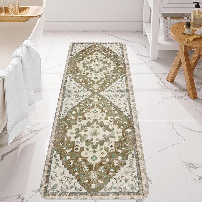 Uphome Boho Vintage Non-Slip Soft Long Bath Mat Oriental Tribal Machine Washable Bath Rugs, 20x59 inch Khaki