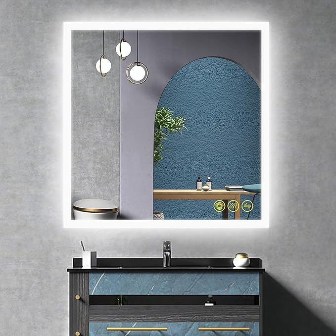 Wall-Mounted LED Square Bathroom Mirror, Makeup Mirror (36 inches x36 inches,) 3 Color Stepless Dimmable Memory Bathroom Vanity Mirror with Lights CRI90+ 3000-6400K Smart Mirror with Touch