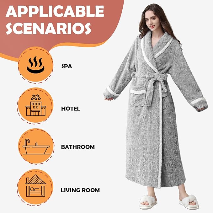 Oksun Womens Long Fleece Robe: Soft Fluffy Warm Bathrobe - Cozy Winter Housecoat Nigthgown with Chic Piping