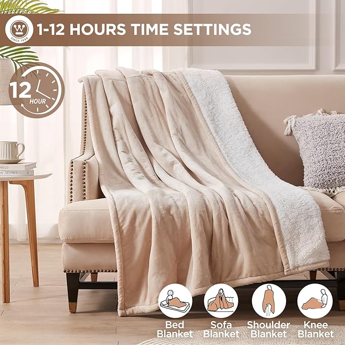 Westinghouse Heated Blanket Twin Size, Soft Flannel to Sherpa Electric Blanket with 10 Heating Levels, 1-12 Hours Auto Shut Off, Fast Heating, Machine Washable, 62x84 Inch, Beige