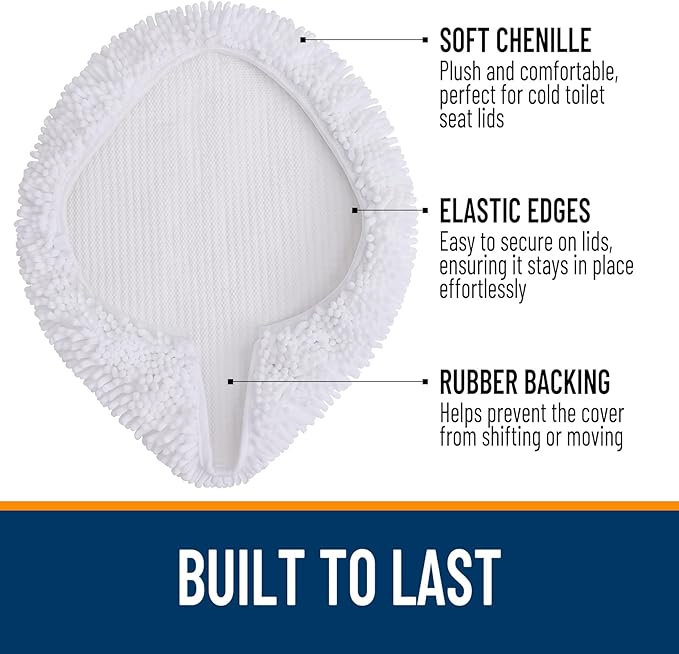 OLANLY Soft Chenille Bathroom Toilet Lid Cover, Machine Washable Seat Covers, 17.5x15, Stays in Place Rubber Backing, Fits Most Round, Elongated and Oblong Lids, Accessories Decor, White