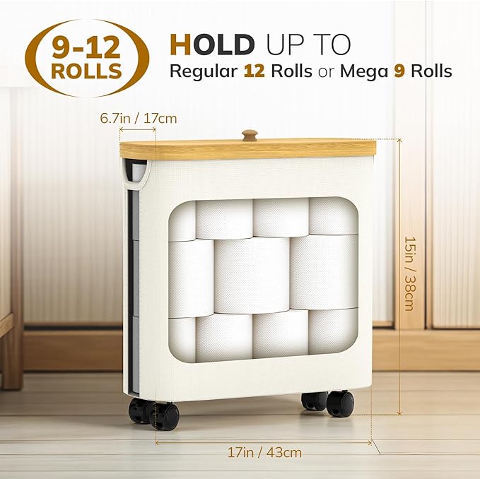 Toilet Paper Storage with Wheel Bamboo Toilet Paper Holder with Lid and Handle Toilet Papers Organizer for Bathroom Free Standing 30L Papers Basket for 9-12 Rolls Bathroom Accessories, Beige