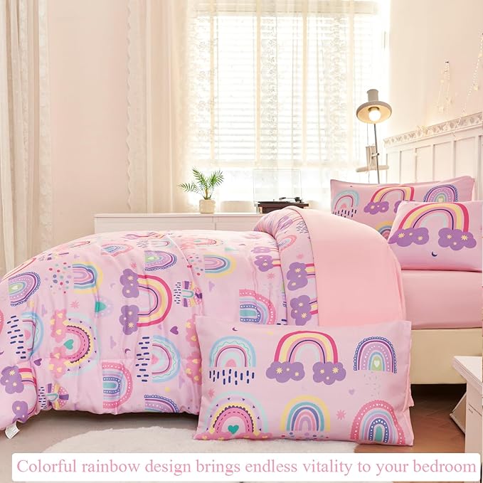 ANGIYUIN 6Pcs Girls Rainbow Comforter Set Queen Size Cute Clouds Kids Bedding Set Love Hearts and Stars Kid Bed Set for Girl Soft Lightweight Bed in A Bag with Sheets, Pink, Queen