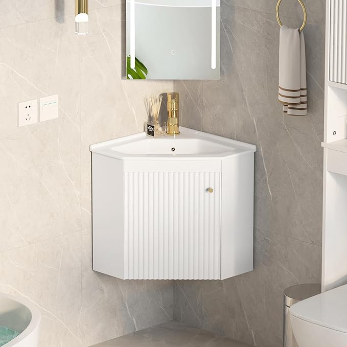 Corner Bathroom Vanity Sink Cabinet 24", Wall Mount Floating for Small Bathroom, White Ceramic Top (Faucet Not Included) (Wave Pattern)