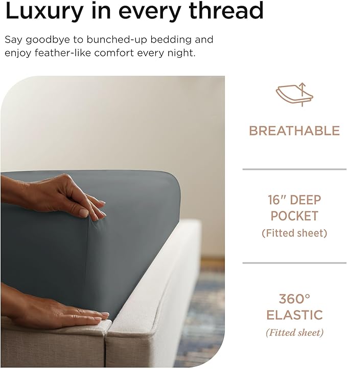 Threadmill 100% Cotton Sheets for Queen Size Bed - 600 Thread Count Queen Bed Sheets Set with 16” Deep Pocket - Sateen Weave 4-Piece Bedding Set with Cooling Effect, Dark Grey