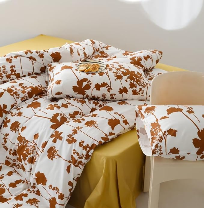 KAREVER Botanical Comforter Set Cal King White Pumpkin Floral Plant Bedding Comforter Girls Blanket Rustic Leaf Blossom Women White Farmhouse Comforter California King