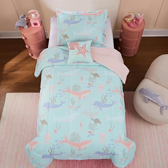 Twin Comforter Set for Girls-3 Pieces Ocean Animals Glow in The Dark Twin Bedding Sets for Kids,1 Comforter,1 Sham and 1 Decor Pillow