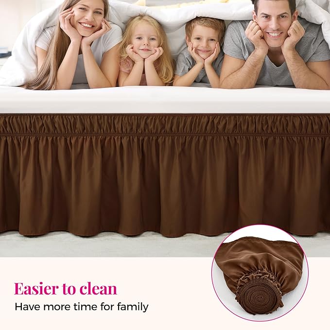 RIMELA Bed Skirt Queen Size 15 Inch Drop, Elastic Bed Skirting for Bed Base and Frame, Bedding Dust Ruffle Easy to Install, Wrap Around Adjustable Bedskirt, Chocolate Brown