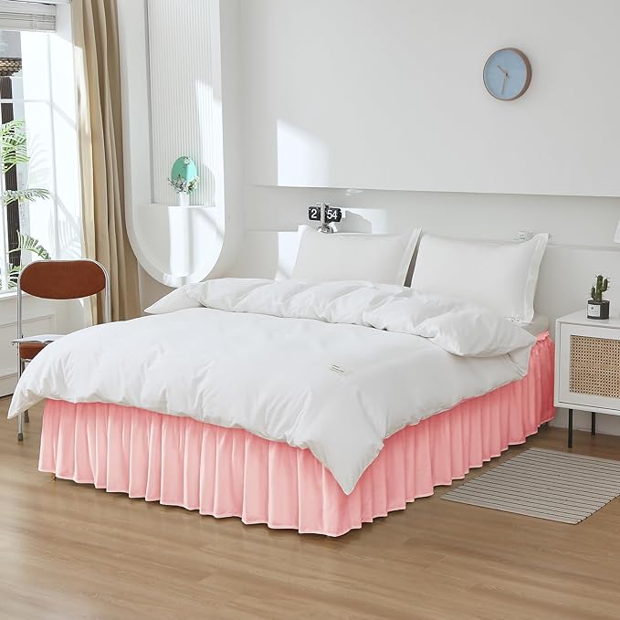 MEILA Wrap Around Bed Skirt Three Fabric Sides Elastic Dust Ruffled 14 Inch Tailored Drop,Easy to Install Fade Resistant-Pink, Twin/Full
