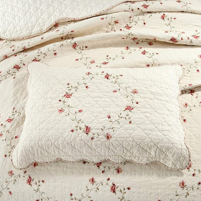 vctops 3-Piece Floral Embroidered Bedspread Coverlet Set Oversize Queen 100% Cotton Reversible Patchwork 1 Quilt and 2 Pillow Shams (Flower,Oversize Queen)