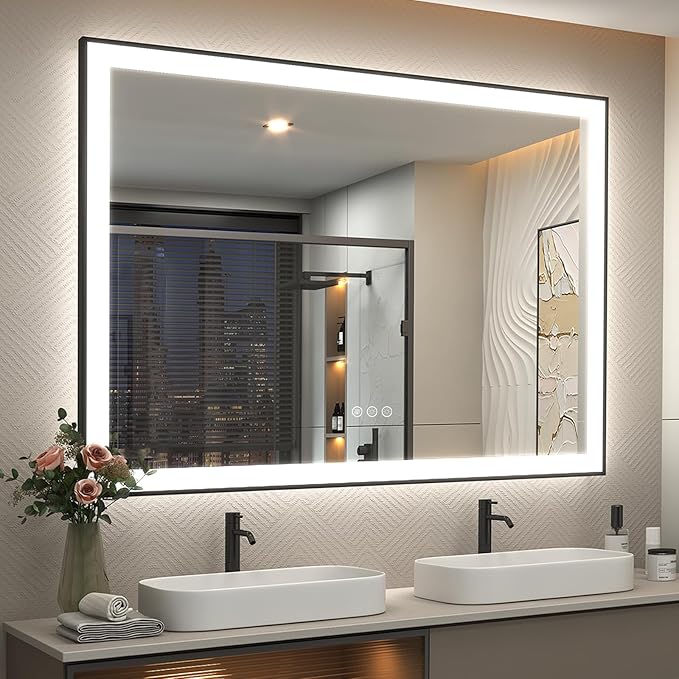 SMIROR Black LED Bathroom Mirror 50x40, Lighted Vanity Mirrors with Lights, Dimmable, Anti-Fog, Memory, Shatterproof (Real Front Lights + Backlit)