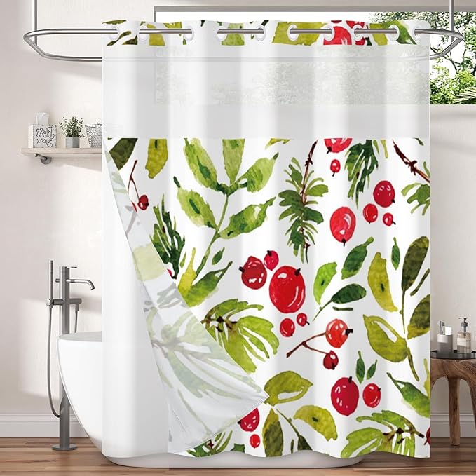 Floral Shower Curtain No Hooks with Snap-in Liner,Botanical Shower Curtains,Watercolor Fabric Holly Berry Shower Curtain Set,with See Through Top Window for Bathroom Decor,71 x 74 Inch