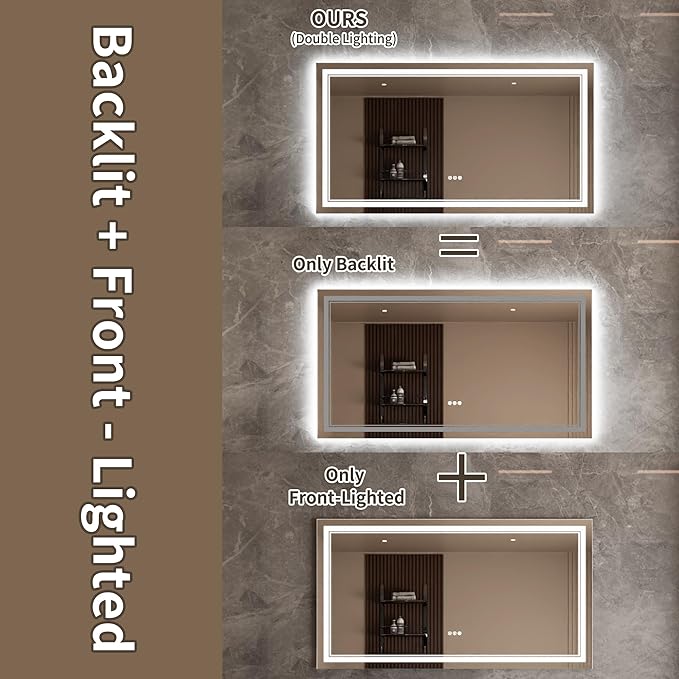 Bathroom Mirror with Lights 30"X55" with Front Light and Backlit, Tempered Glass, Wall Mount Horizontal/Vertical, Stepless Dimmable, 3 Colors, Anti Fog, Bathroom Memory LED Mirror