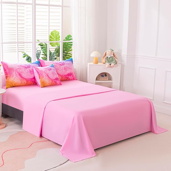 4Pcs Pink King Comforter Set for Girls Kids, Tie Dye Colorful Watercolor Marble Bedding Set King(1 Comforter, 1 Flat Sheet, 2 Pillowcases)