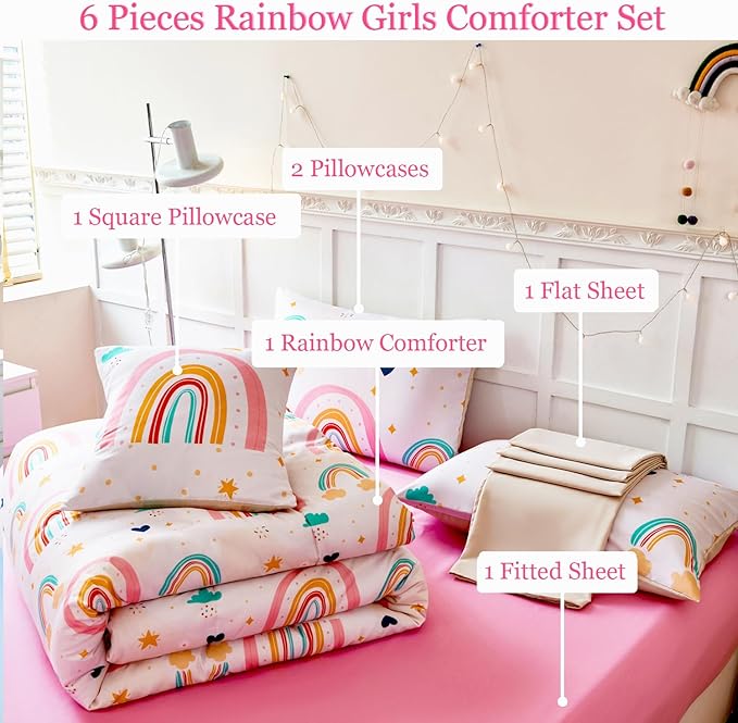 ANGIYUIN 6 Pieces Multi-Color Rainbow Twin Size Comforter Set for Girls Kids Cute Cloud and Love Hearts Girls Bedding Set Soft Microfiber Girl Bed in a Bag with Comforter, Sheets, Pillowcases