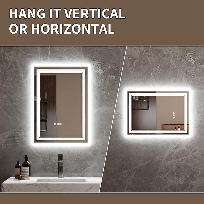 Bathroom Mirror with Lights 20"X28" with Front Light and Backlit, Tempered Glass, Wall Mount Horizontal/Vertical, Stepless Dimmable, 3 Colors, Anti Fog, Bathroom Memory LED Mirror