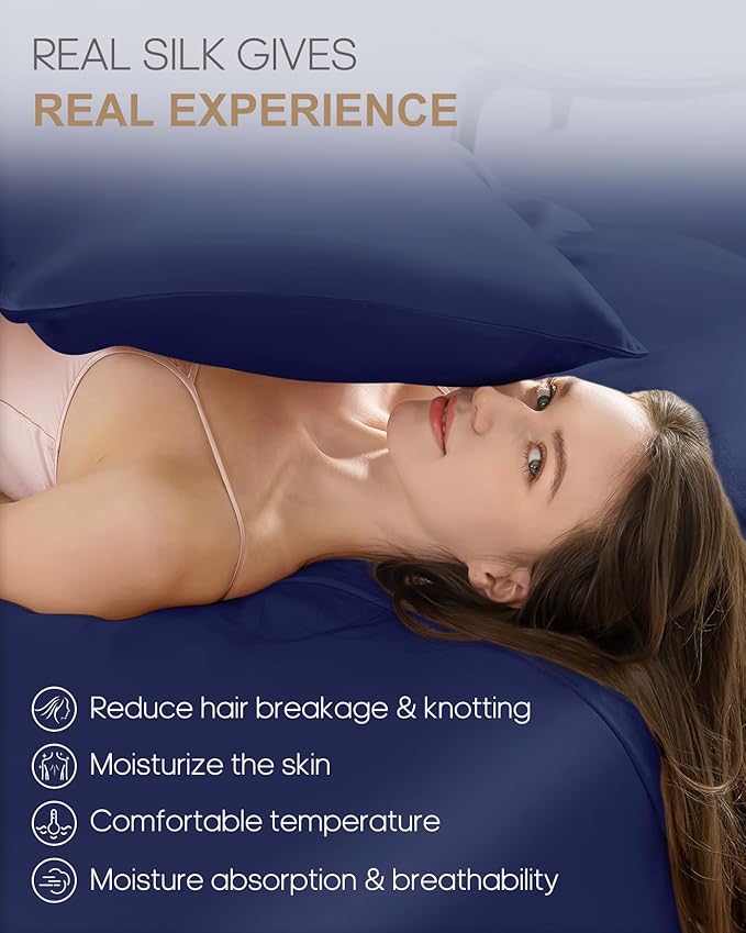 THXSILK 100% Mulberry Silk Pillowcase for Hair and Skin, 22 Momme Pure Natural Silk Pillowcase with Hidden Zipper, Soft Breathable Zipper Pillow Case, California King Size 20"x40", Navy Blue