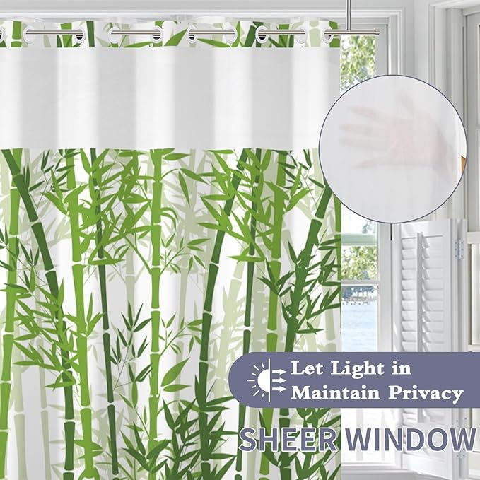 Bamboo Shower Curtain No Hooks with Snap-in Liner,Spring Bamboo Shower Curtains,Watercolor Fabric Green Shower Curtain Set,with See Through Top Window for Bathroom Decor,71 x 74 Inch