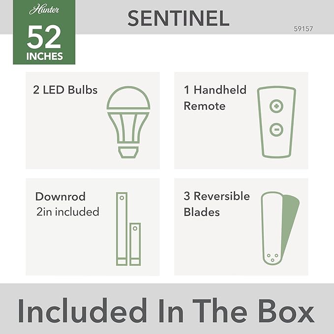 Hunter 52 inch Indoor Ceiling Fan with LED Light and Remote Control - Standard Mount Ceiling Fan, 3 Blades, For Bedroom, Living Room, or Kitchen - Sentinel 59157, Brushed Nickel