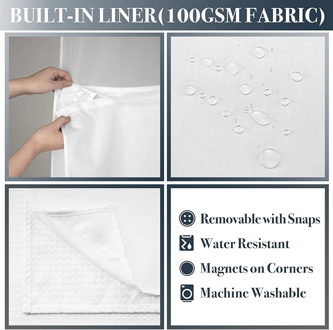 N&Y HOME Long Waffle Weave Shower Curtain with Snap-in Fabric Liner and 12 Hooks Set - 71" x 78", Hotel Style & Mesh Top Window, Machine Washable, Water Repellent - 71x78, White