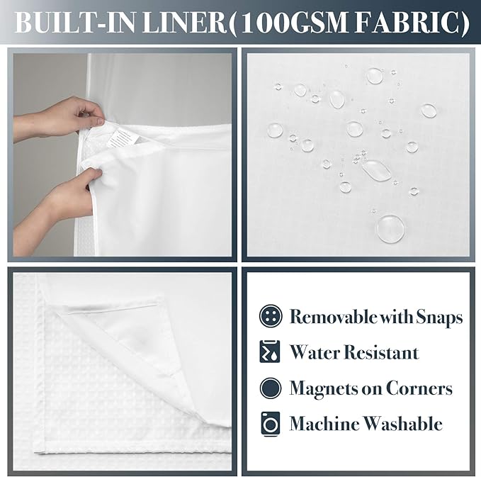N&Y HOME Waffle Weave Shower Curtain with Snap-in Fabric Liner Set, 12 White Hooks Included - Hotel Style, Waterproof & Washable, Heavyweight Fabric & Mesh Top Window - 71x72, White