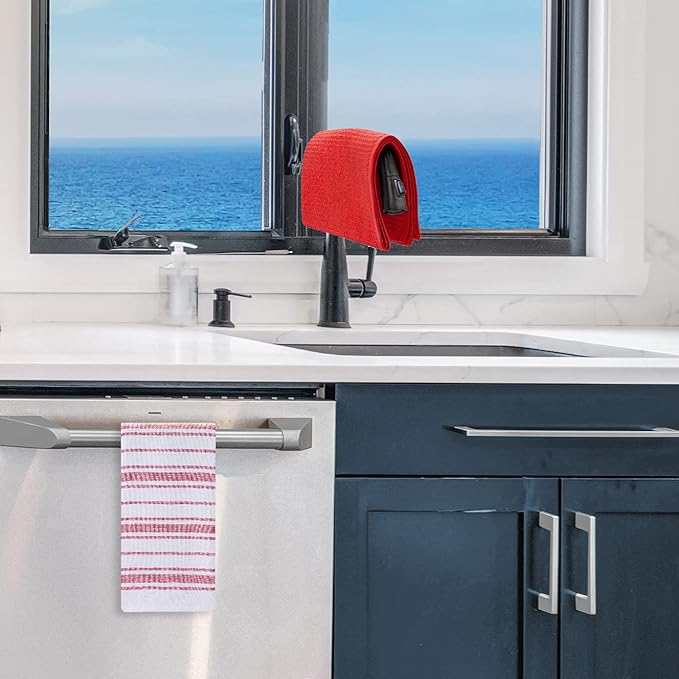 Nautica 100% Cotton Kitchen Towels Set of 3 | 18" X 28" Super Absorbent Reusable Cleaning Cloths, Tea Towels, Hand Towels for Drying Dishes | Red/Red Stripe Dish Towels for Kitchen Shops & Bars