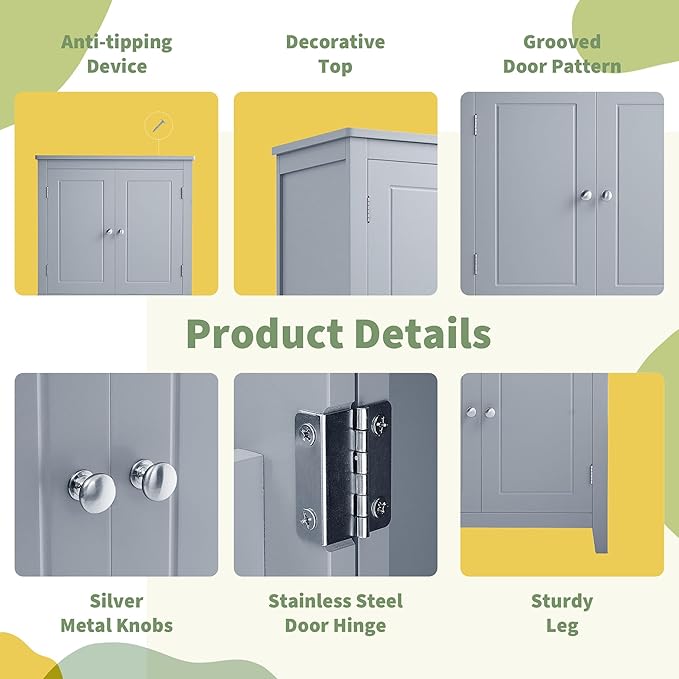Freestanding Storage Cabinet with 4 Doors,Elegant Organizer Unit with Adjustable Shelves, Sturdy MDF Frame, Anti-Tipping Design, Large Capacity for Bathroom, Kitchen, Office, Home, Grey