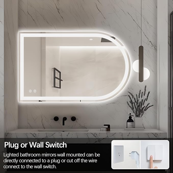 Niccy Arched LED Bathroom Mirror, 48x30 Arch Wall Mounted Frameless Bathroom Mirror for Vanity, Smart Lighted Frontlit Mirrors with Memory Function for Bathroom Bedroom Beauty Hair Salon